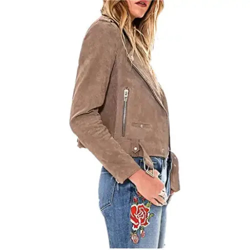 Women’s Luxury Cropped Suede Leather Motorcycle Jacket