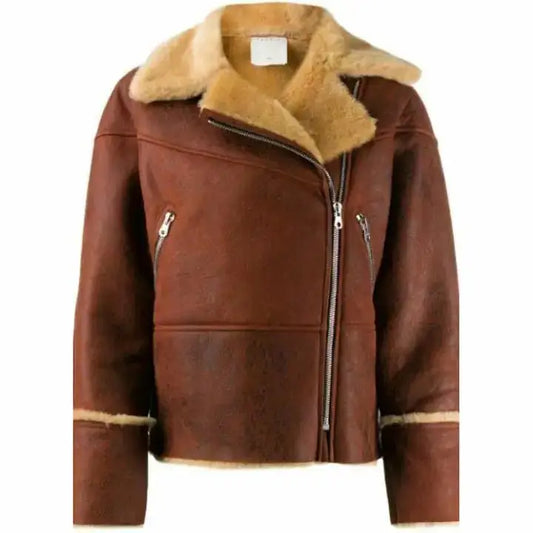 Women's Maroon Shearling Biker Jacket