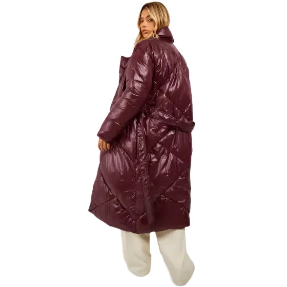 Women’s Oversized Maroon Belted Puffer Coat