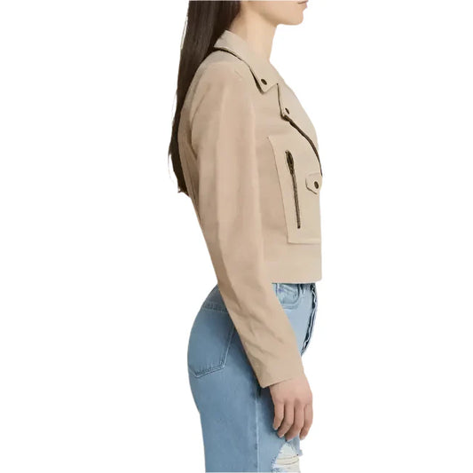 Women’s Tan Beige Suede Leather Biker Jacket