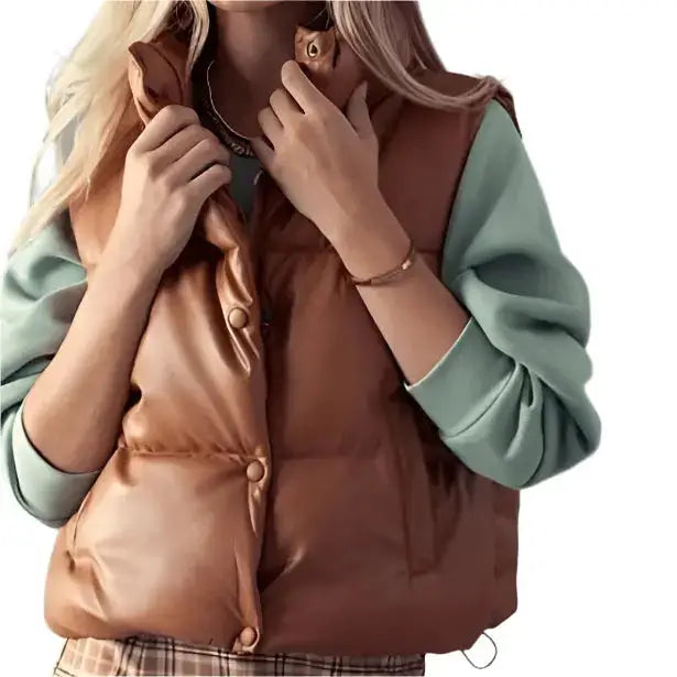 Women’s Tan Brown Leather Puffer Vest
