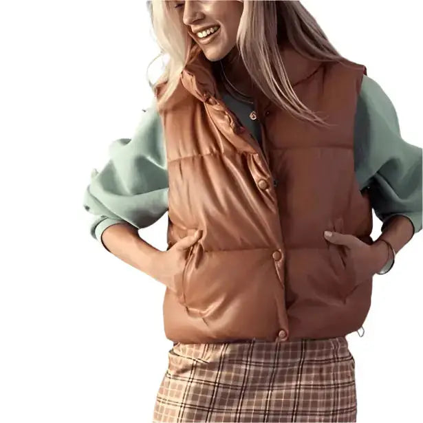Women’s Tan Brown Leather Puffer Vest