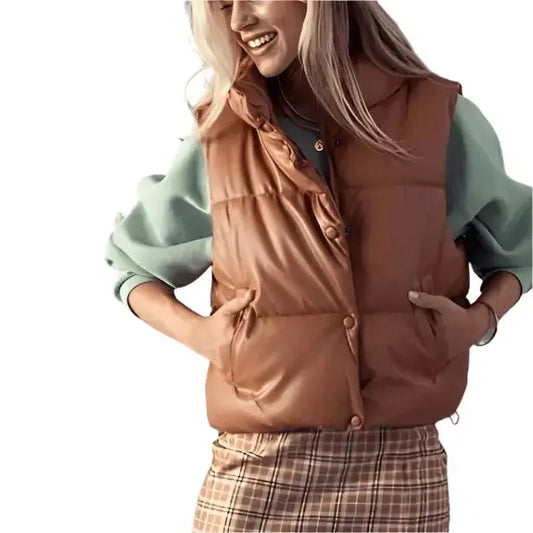Women’s Tan Brown Leather Puffer Vest