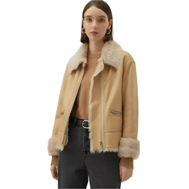 Women's Tan Brown Shearling Bomber Leather Jacket