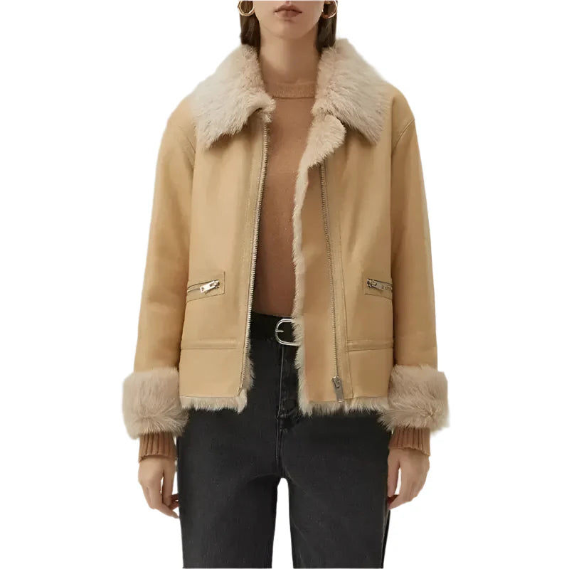 Women's Tan Brown Shearling Bomber Leather Jacket