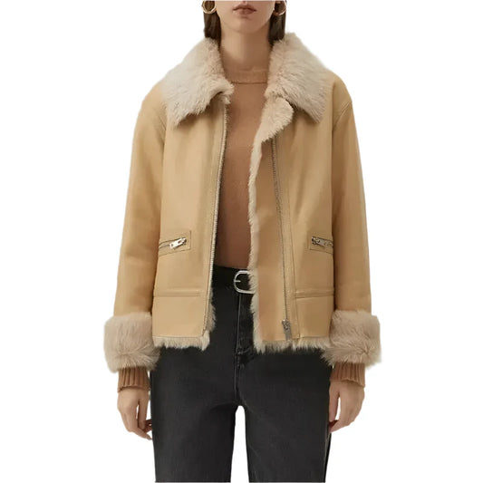 Women's Tan Brown Shearling Bomber Leather Jacket