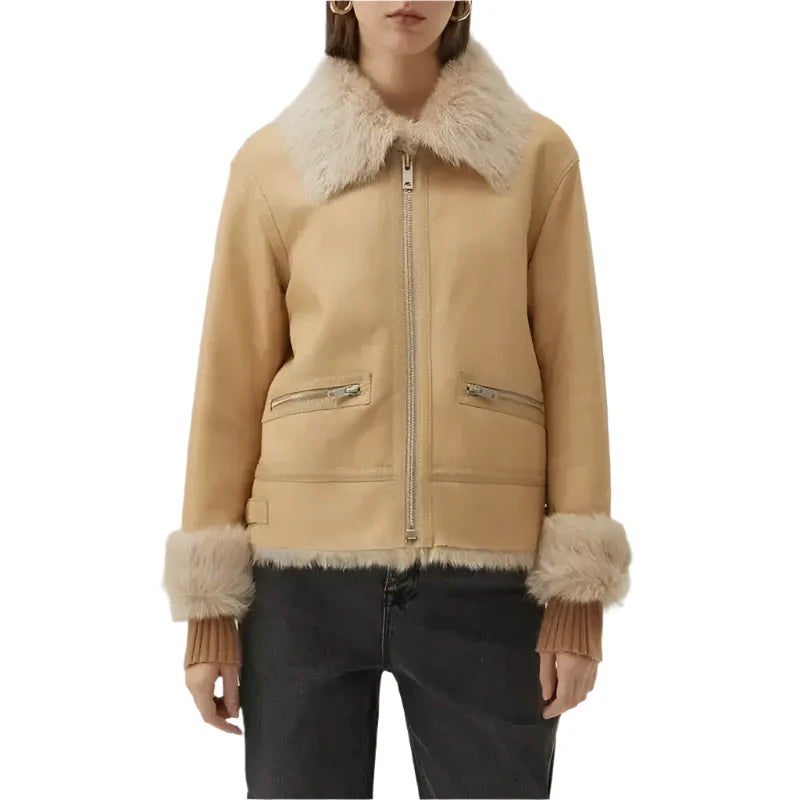 Women's Tan Brown Shearling Bomber Leather Jacket