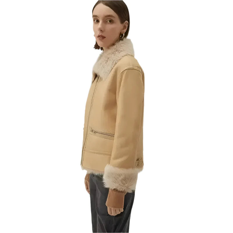 Women's Tan Brown Shearling Bomber Leather Jacket