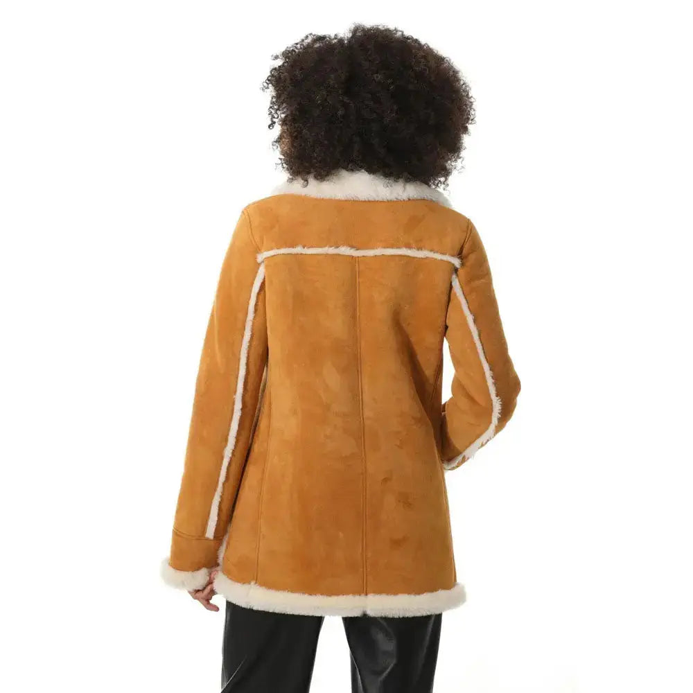 Women’s Tan Suede Shearling Coat with White Fur