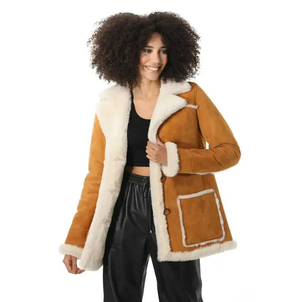Women’s Tan Suede Shearling Coat with White Fur