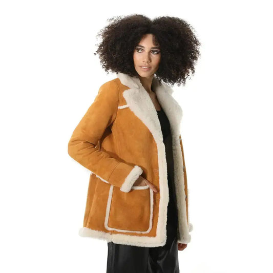 Women’s Tan Suede Shearling Coat with White Fur