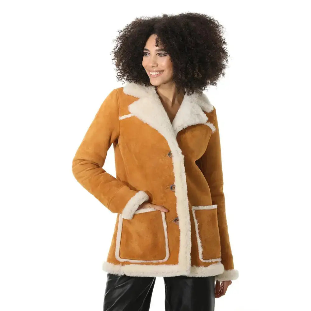 Women’s Tan Suede Shearling Coat with White Fur